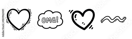 Doodle heart shapes and comic bubble with omg text