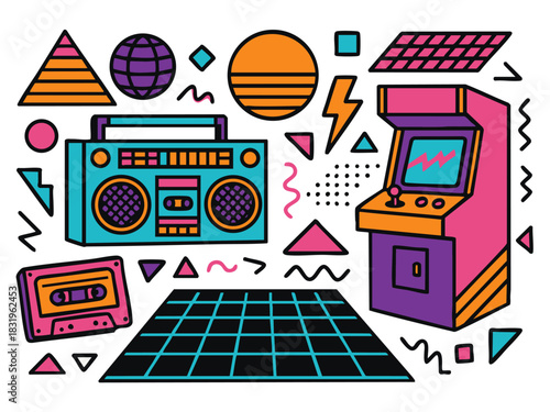 1980s elements including arcade machine, boombox, cassette tape, and geometric shapes in neon colors. Generative ai vector colorful pop art illustration.