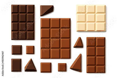Delightful assortment of chocolate bars and shapes on a white background ready for snacking or baking