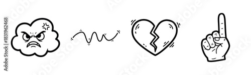 Set of doodle icons: angry cloud, scribble, broken heart, pointing finger