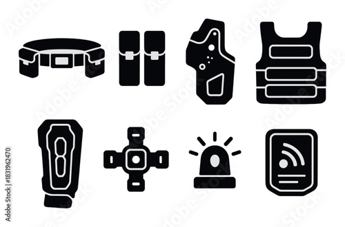Monochrome silhouettes of law enforcement gear and symbols