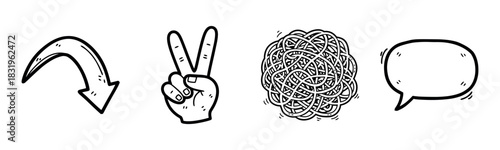 Hand-drawn arrow peace sign scribble and speech bubble icons