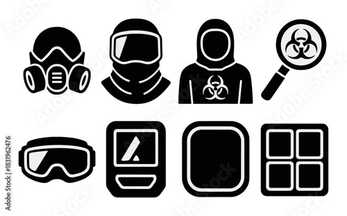 Biohazard safety icons: masks, suits, goggles, magnifying glass with hazard signs