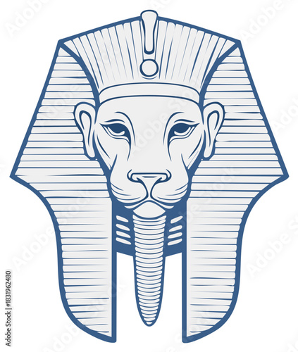 Egyptian lion pharaoh portrait graphic in blue and gray color illustration.