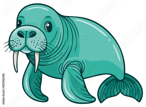 Cartoon Walrus Character with Tusks and Flippers Cute Turquoise Arctic Animal Design