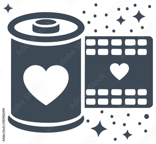 Film roll and canister with heart symbol and sparkles