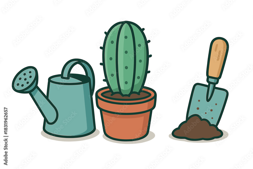 Obraz premium Cactus plant in terracotta pot with watering can and garden trowel on a white background