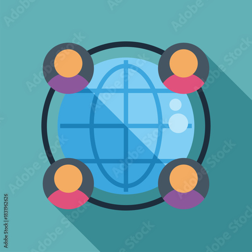 User avatars encircling a globe icon representing global communication and community worldwide