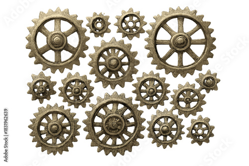 Collection of bronze decorative gears arranged in various sizes showcasing intricate designs perfect for steampunk themes