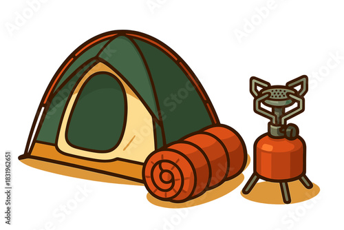Camping gear including a red sleeping bag, a green tent, and a portable stove for outdoor adventures