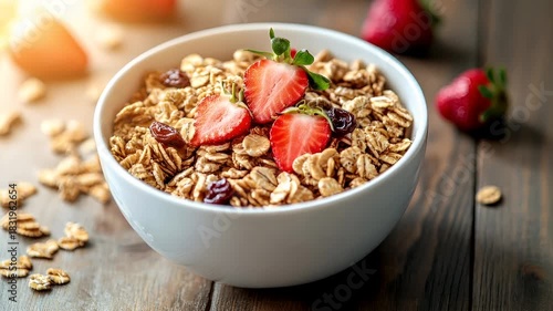A closeup of a bowl of granola with strawberries and raisins on a wooden surface. The bowl is white and sits on a dark wooden table. The granola is a mix of oats, nuts.