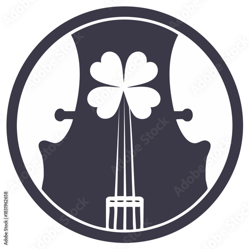 Four-Leaf Clover Violin Silhouette Emblem Design, Good Luck Music Icon Graphic