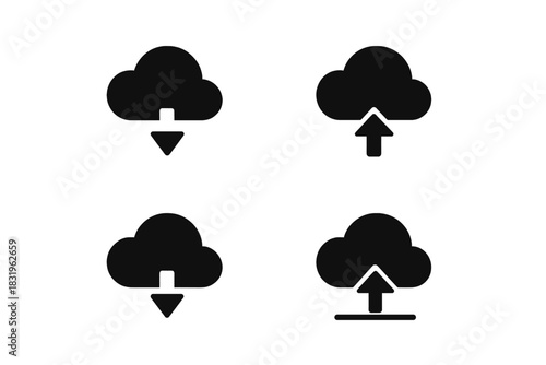 Cloud icons representing upload and download actions for digital content management
