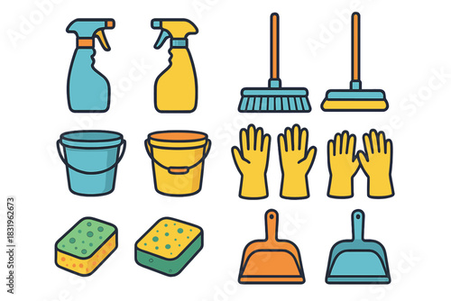 Cleaning supplies displayed with various tools and equipment ready for home cleaning tasks