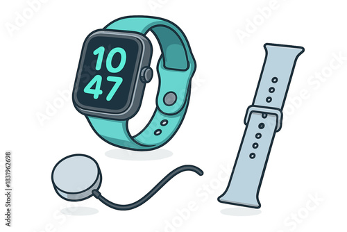 Smartwatch with teal band and charging cable shown on white background for tech enthusiasts