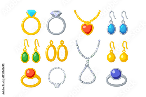 Colorful collection of jewelry featuring rings, earrings, and necklaces in various styles and gemstones for special occasions
