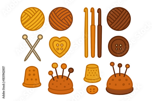 Variety of crafting supplies designed for knitting and crochet activities in warm colors