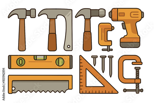 Collection of essential tools including hammers, drill, level, and saw for home improvement projects