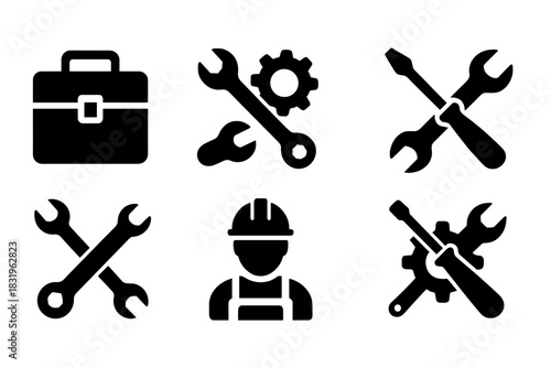 Various tools and work symbols representing construction and repair activities in a simple, clear design