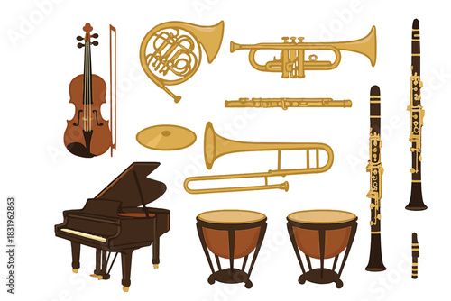 Various musical instruments displayed together in a simple design, showcasing their unique shapes and forms
