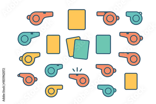 Colorful collection of referee whistles and cards for sports events displayed in an organized pattern