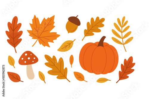 Colorful autumn leaves, a pumpkin, and mushrooms gather to celebrate the beauty of the fall season in a vibrant display of nature