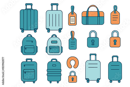 Luggage collection featuring various bags, suitcases, and travel accessories in bright colors