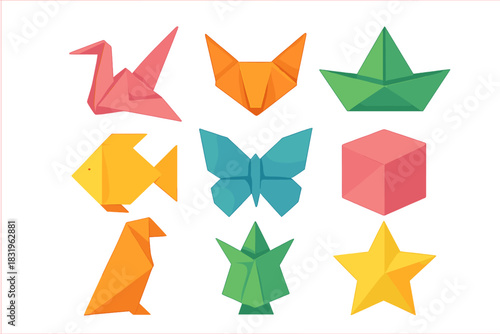 Colorful origami creations including a swan, fox, boat, fish, butterfly, cube, dog, leaf, and star displayed on a white background