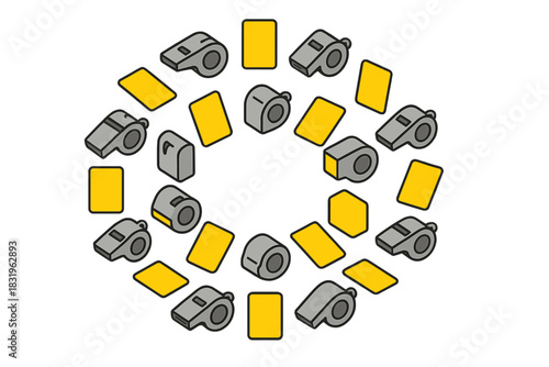 Whistles and yellow cards arranged in a circular pattern for sports officiating