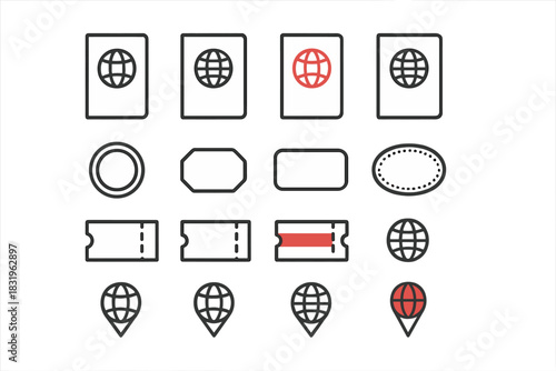 Collection of travel-related icons featuring passports, tickets, and map markers for planning adventures