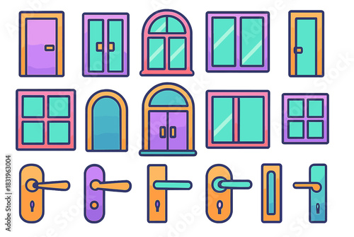 Various door and window styles displayed in vibrant colors with unique shapes and designs for modern home decor inspiration