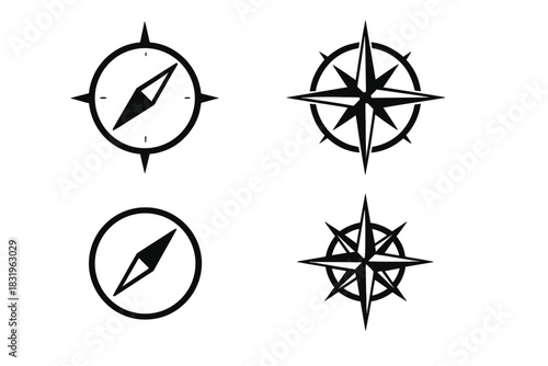 Different designs of black compass symbols showcasing direction and navigation concepts