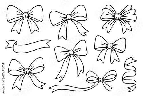 Different types of decorative bows and ribbons displayed on a white background for crafting and design purposes