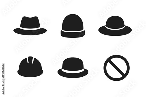 Different types of hats including hard hats, fedoras, and a no hat symbol highlighted in black silhouettes