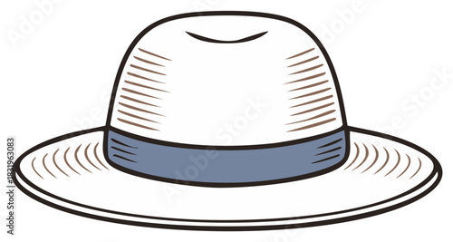 Classic Straw Hat Vector Illustration with Blue Ribbon - Summer Fashion Accessory