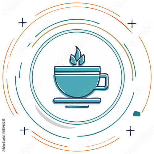 Illustration of a teal teacup emitting leaves with circular line decorations around it for design, icons, logos, or branding.