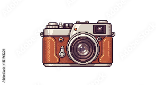 Retro Camera PNG Illustration with Brown Leather Accents in Pixel Art Style