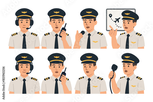 Cartoon illustrations of male pilots communicating with headsets and radios