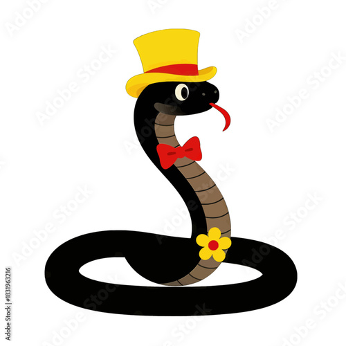 Cute Cartoon Snake in Yellow Hat and Red Bowtie