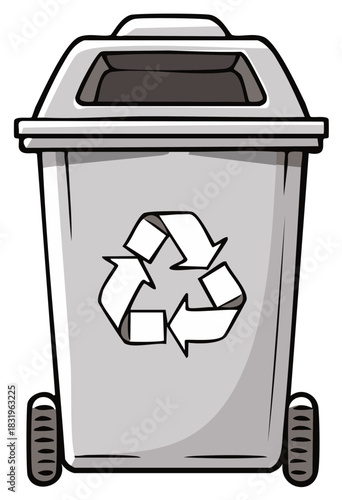Illustration of a grey wheeled recycling bin with the universal symbol for eco friendly waste disposal