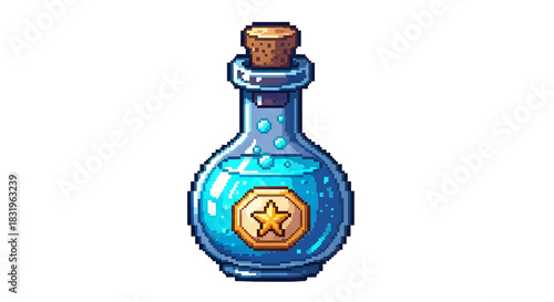 Magic Potion PNG Illustration of Blue Bottle with Star Emblem in Pixel Art Style