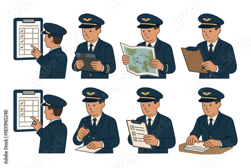 Male pilots in uniform reviewing checklists and maps for flight preparation