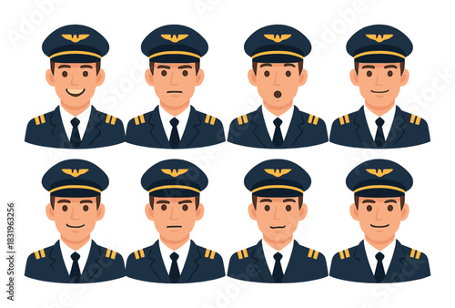 Cartoon male pilots in uniform with various facial expressions