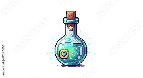 Magic Potion PNG Illustration of Small Blue Bottle with Heart Emblem in Pixel Art Style