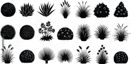 Plant silhouette collection, botanical design icons, garden foliage shapes, black vector graphic, landscaping elements, shrub and grass illustration set