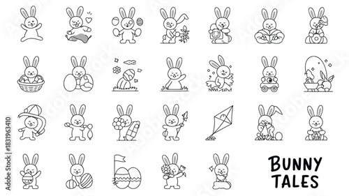 Collection of cute hand drawn bunny illustrations with easter eggs and spring elements for festive designs