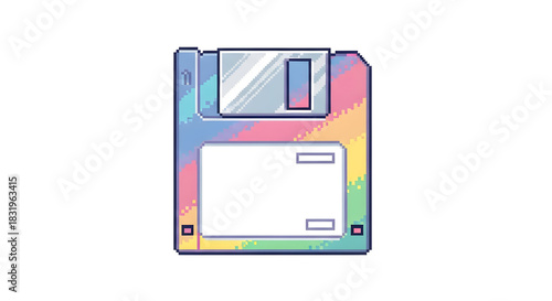 holographic floppy disk PNG illustration in pixel art style with shiny rainbow effect, retro tech icon suitable for digital assets and nostalgic themes