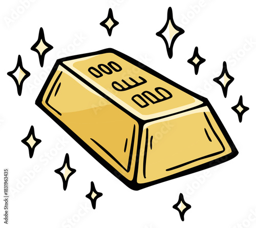 Cartoon Style Gold Bar Illustration with Bright Shimmering Sparkles