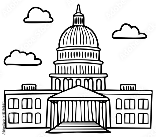 Hand drawn cartoon illustration of the American capitol building with a large dome and columns