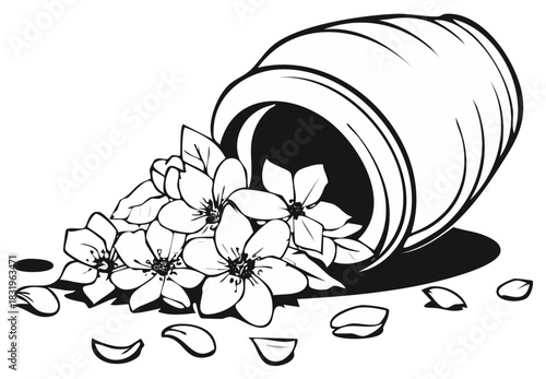 Flowers Spilling from a Fallen Vase: A Black and White Floral Illustration